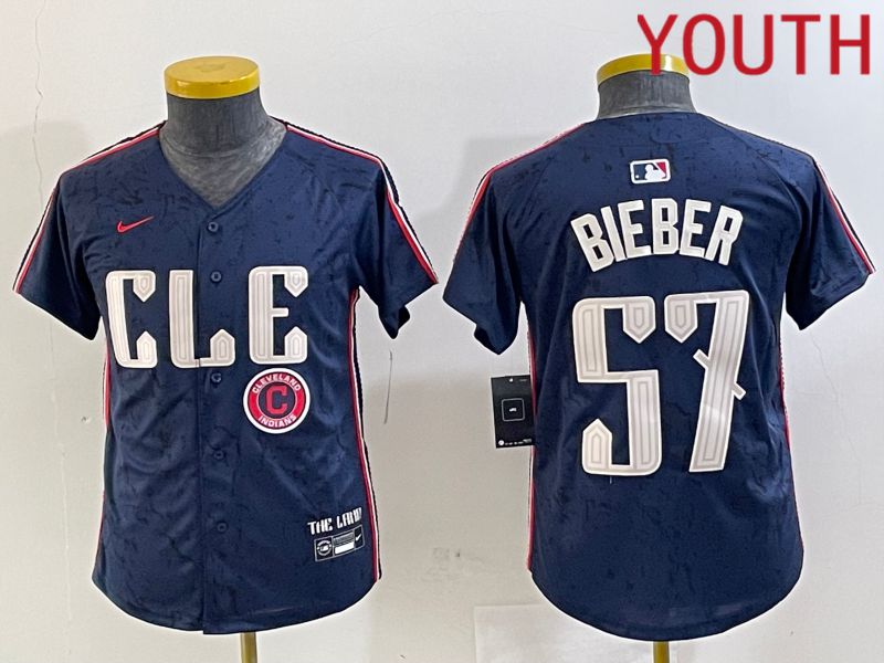 Youth Cleveland Indians #57 Bieber Blue City Edition Nike 2024 MLB Jersey style 5